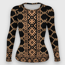 Рашгард женский Золотые узоры на черном с канатами - вышиванка руб, цвет: 3D-принт