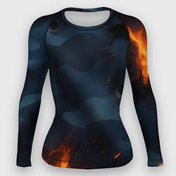 Женский рашгард Разорванный синий камуфляж с огнем