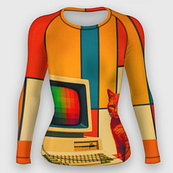Рашгард женский Кот и винтажный компьютер ретрофутуризм поп-арт 19, цвет: 3D-принт