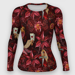 Рашгард женский Бордовая готика с сердцем, лилиями и мотыльками, цвет: 3D-принт