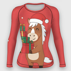 Рашгард женский Новогодняя лошадка с подарками, цвет: 3D-принт