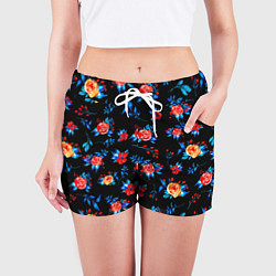 Шорты женские Яркие розы на черном фоне, цвет: 3D-принт — фото 2