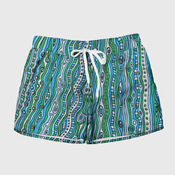 Шорты женские Разноцветная абстракция в стиле дудл Волны, линии,, цвет: 3D-принт