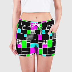 Шорты женские Неоновый геометрический узор на черном, цвет: 3D-принт — фото 2