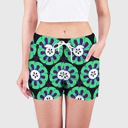 Шорты женские Паттерн голубо-зеленые зубастые цветы, цвет: 3D-принт — фото 2
