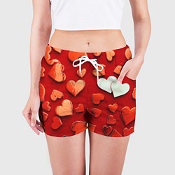 Шорты женские Красные сердца на красном фоне, цвет: 3D-принт — фото 2