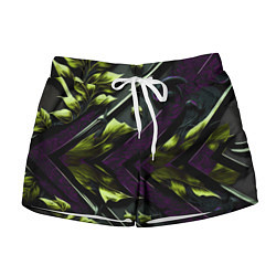 Шорты женские Зеленые листья и фиолетовые вставки, цвет: 3D-принт
