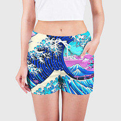 Шорты женские Большая волна в Канагаве сакура, цвет: 3D-принт — фото 2