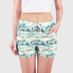 Шорты женские Трамвайчики и воздушные шары - авральный паттерн, цвет: 3D-принт — фото 2
