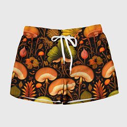Шорты женские Грибы с листвой узор, цвет: 3D-принт