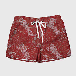 Шорты женские Белые лепестки на красном фоне, цвет: 3D-принт