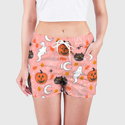 Шорты женские Тыквы и кошки на розовом фоне, цвет: 3D-принт — фото 2