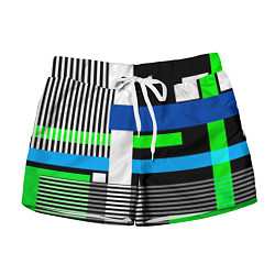 Женские шорты Геометрический узор сине -зеленый в стиле пэчворк