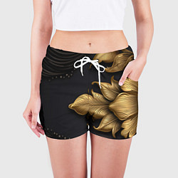 Шорты женские Золотые объемные листья на черном фоне, цвет: 3D-принт — фото 2