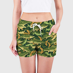 Шорты женские Камуфляж рыболова - рыба щука, цвет: 3D-принт — фото 2