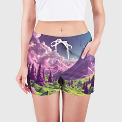 Шорты женские Геометрический зеленый пейзаж и фиолетовые горы, цвет: 3D-принт — фото 2