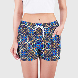 Шорты женские Мозаичный цветочный узор на черном фоне, цвет: 3D-принт — фото 2