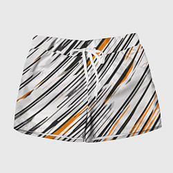 Шорты женские Диагональные чёрно-жёлтые полосы на белом фоне, цвет: 3D-принт