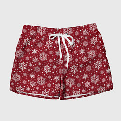 Шорты женские Новогодний узор - белые снежинки на красном фоне, цвет: 3D-принт