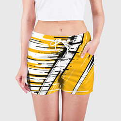 Шорты женские Чёрно-белые глитч полосы на жёлтом фоне, цвет: 3D-принт — фото 2