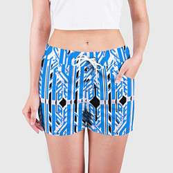 Шорты женские Бело-синие техно полосы на чёрном фоне, цвет: 3D-принт — фото 2