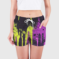 Шорты женские Желтая и фиолетовая краска на черном, цвет: 3D-принт — фото 2