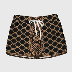 Женские шорты Золотые узоры на черном с канатами - вышиванка руб