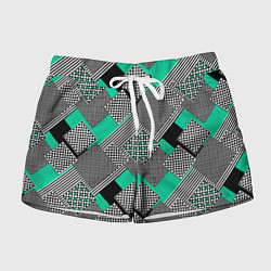 Шорты женские Черно бирюзовая абстрактная геометрия пэчворк, цвет: 3D-принт