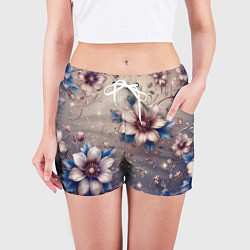 Шорты женские Сине-бежевый дымчатый с цветами, цвет: 3D-принт — фото 2