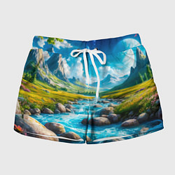 Шорты женские Пейзаж художественный горы речка камни, цвет: 3D-принт