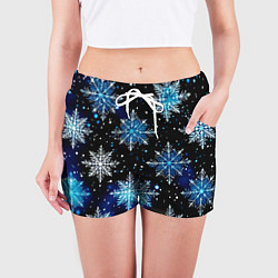 Шорты женские Стилизованный чёрно-синий со снежинками, цвет: 3D-принт — фото 2