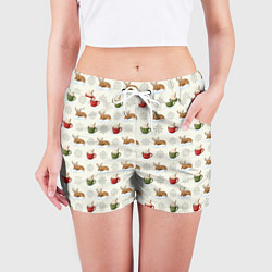 Шорты женские Зимний паттерн с оленем и чашками какао, цвет: 3D-принт — фото 2