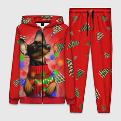 Женский 3D-костюм Новогодняя такса на красном фоне с ёлками, цвет: 3D-красный
