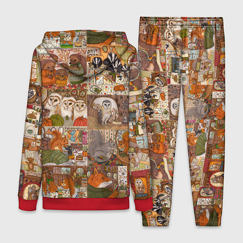 Женский костюм Коллаж из сказочных зверей - совы, белки, ёжики / 3D-Красный – фото 2