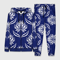 Женский 3D-костюм Абстрактные белые лотосы на синем - паттерн, цвет: 3D-синий