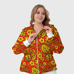 Женский 3D-костюм Хохломская роспись золотистые цветы на красном фон, цвет: 3D-белый — фото 2