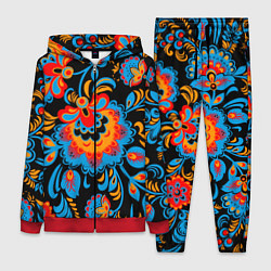 Женский 3D-костюм Хохломская роспись разноцветные цветы на чёроном ф, цвет: 3D-красный