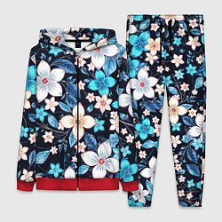 Женский 3D-костюм Сине-белые цветы на чёрном фоне, цвет: 3D-красный