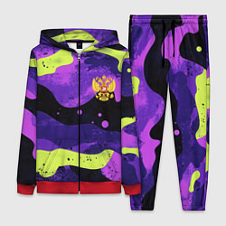 Женский 3D-костюм Черно-фиолетовый камуфляж и золотой герб РФ, цвет: 3D-красный
