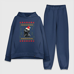 Женский костюм оверсайз Рождественский свитер Черный мопс, цвет: тёмно-синий