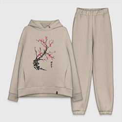 Женский костюм оверсайз Сакура с иероглифами, цвет: миндальный