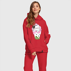Женский костюм оверсайз Довольный котик в мороженом, цвет: красный — фото 2