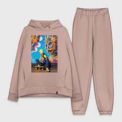 Женский костюм оверсайз Барт Симпсон на фоне граффити - нейросеть, цвет: пыльно-розовый