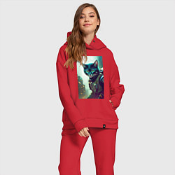 Женский костюм оверсайз Cool kitten - cyberpunk, цвет: красный — фото 2