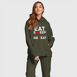 Женский костюм оверсайз Надпись eat sleep Quake repeat, цвет: хаки — фото 2