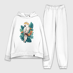 Женский костюм оверсайз Попугай какаду и тропические листья, цвет: белый