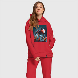 Женский костюм оверсайз Кибер бультерьер защищает белок - нейросеть, цвет: красный — фото 2