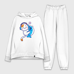 Женский костюм оверсайз Котик и рыба, цвет: белый