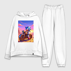 Женский костюм оверсайз Ёж Соник на ржавом ретро мотоцикле в пустыне, цвет: белый