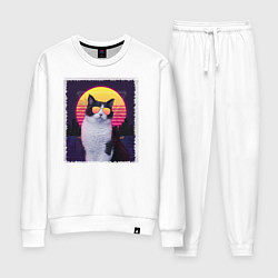 Костюм хлопковый женский Synthwave cat, цвет: белый